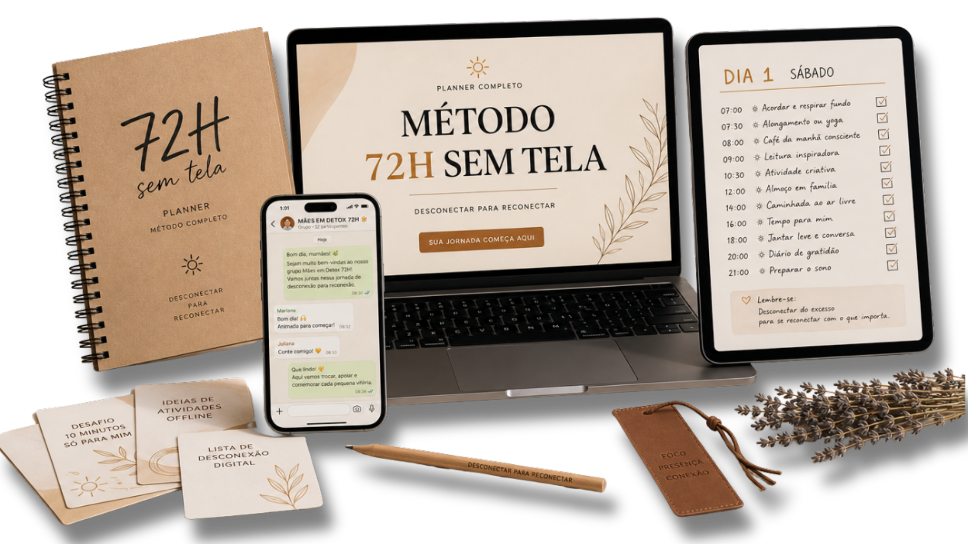 Bundle Método 72H Sem Tela — planner, mapa digital, grupo WhatsApp, cards de execução
